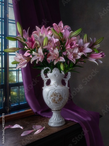 Photography Still life with splendid bouquet of pink lily