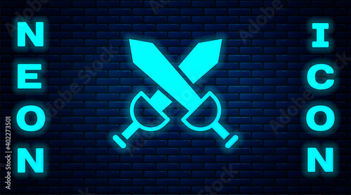 Glowing neon Crossed medieval sword icon isolated on brick wall background. Medieval weapon. Vector.
