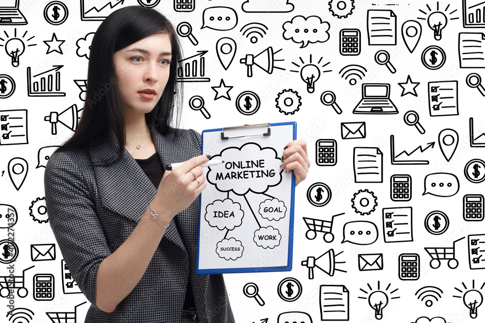 Business, technology, internet and network concept. Young businessman thinks over the steps for successful growth: Online marketing