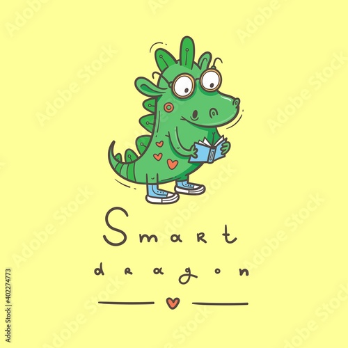 Card with  cute cartoon smart dragon. Funny crocodile print. Reading reptile poster. Vector doodle line art. Illustration for children. Books and studying.
