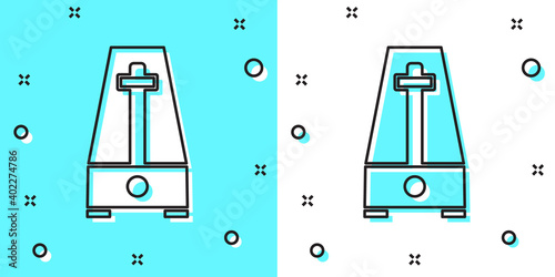 Black line Classic Metronome with pendulum in motion icon isolated on green and white background. Equipment of music and beat mechanism. Random dynamic shapes. Vector.