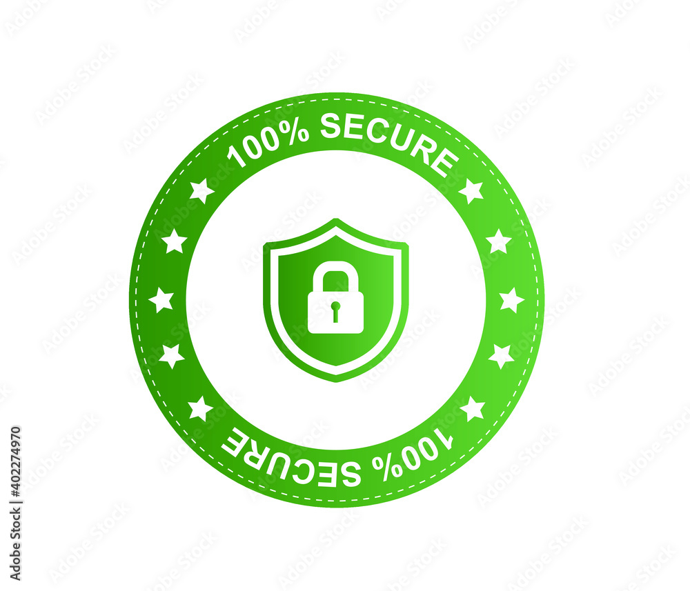 Security shield and on white background. Badge or button for trade website. 100 percent safe concept.
