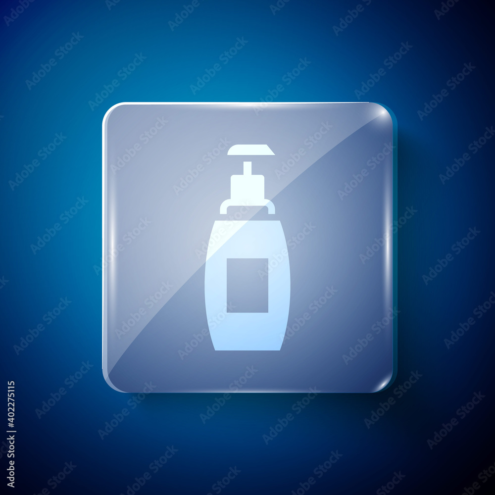 White Bottle of liquid antibacterial soap with dispenser icon isolated on blue background. Antiseptic. Disinfection, hygiene, skin care. Square glass panels. Vector. White Bottle of liquid antibacterial soap with dispenser icon isolated on blue background. Antiseptic. Disinfection, hygiene, skin care. Square glass panels. Vector.