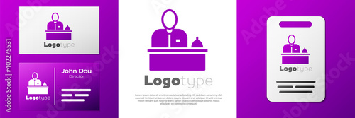 Logotype Receptionist standing at hotel reception desk icon isolated on white background. Logo design template element. Vector.