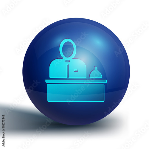 Blue Receptionist standing at hotel reception desk icon isolated on white background. Blue circle button. Vector.