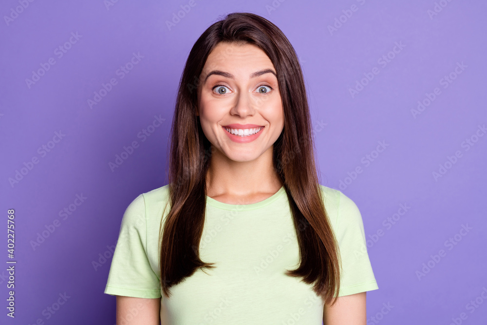 Close-up portrait of lovely cheerful cheery girl great news reaction isolated over bright violet color background Close-up portrait of lovely cheerful cheery girl great news reaction isolated over bright violet color background