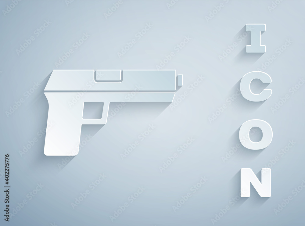 Paper cut Pistol or gun icon isolated on grey background. Police or military handgun. Small firearm. Paper art style. Vector. Paper cut Pistol or gun icon isolated on grey background. Police or military handgun. Small firearm. Paper art style. Vector.