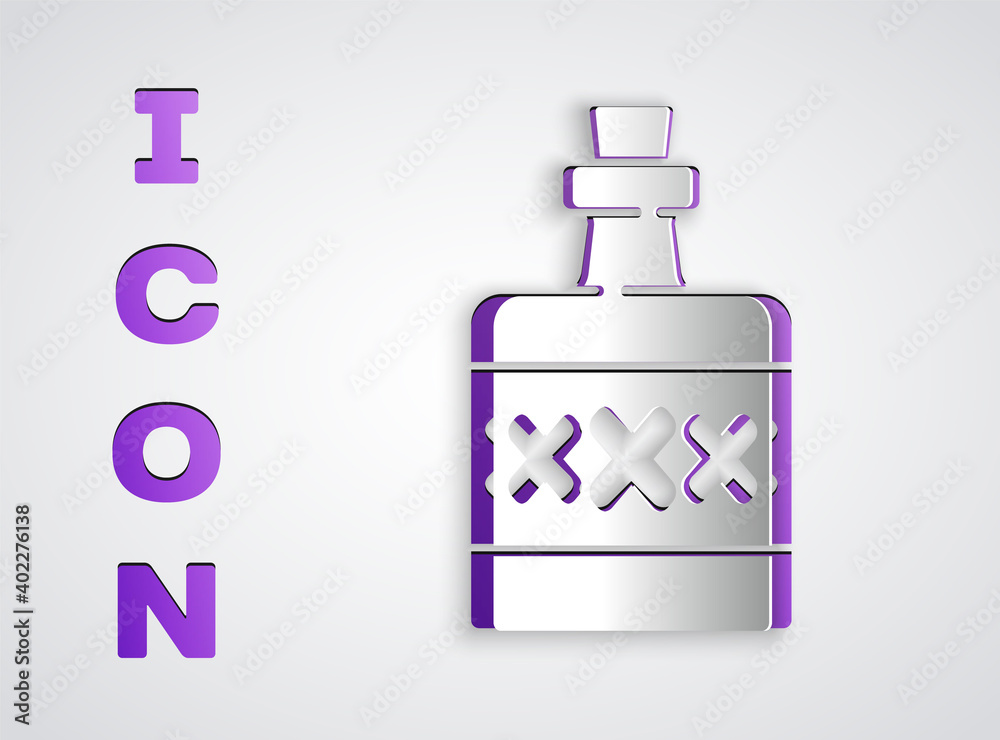 Paper cut Alcohol drink Rum bottle icon isolated on grey background. Paper art style. Vector. Paper cut Alcohol drink Rum bottle icon isolated on grey background. Paper art style. Vector.