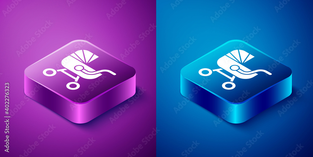 Isometric Baby stroller icon isolated on blue and purple background. Baby carriage, buggy, pram, stroller, wheel. Square button. Vector. Isometric Baby stroller icon isolated on blue and purple background. Baby carriage, buggy, pram, stroller, wheel. Square button. Vector.