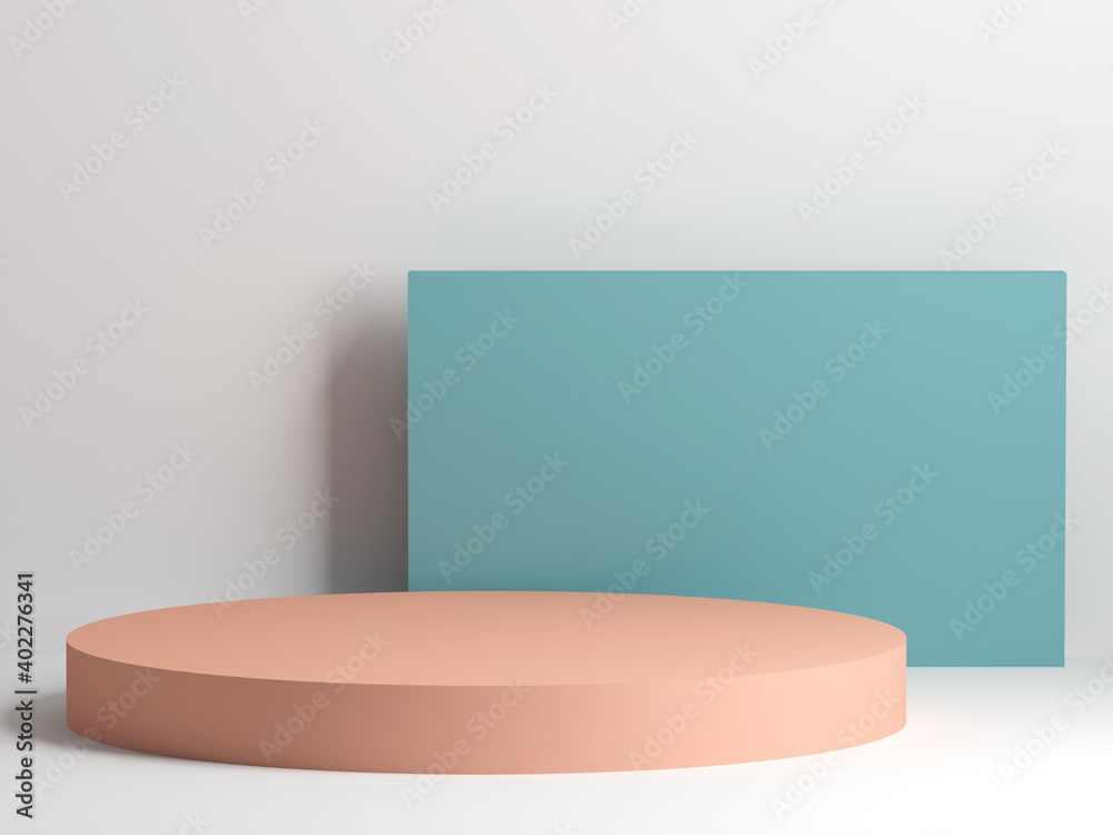 Abstract geometric installation with pink podium, 3d