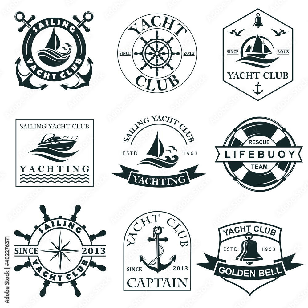 collection of yacht club labels with sea waves, anchor, helm and lifebuoy isolated on white background - obrazy, fototapety, plakaty 