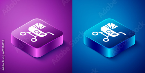 Isometric Baby stroller icon isolated on blue and purple background. Baby carriage, buggy, pram, stroller, wheel. Square button. Vector.