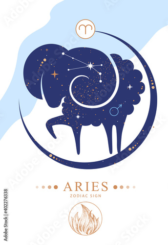 Modern magic witchcraft card with astrology Aries zodiac sign. Zodiac characteristic