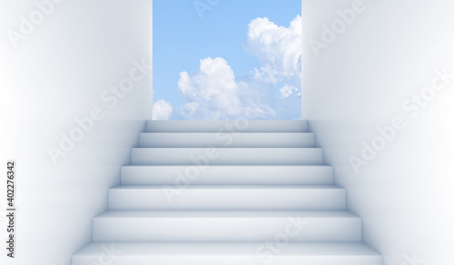 White stairway goes up to the open exit, 3d