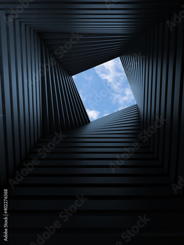 Abstract dark twisted tunnel with white square window