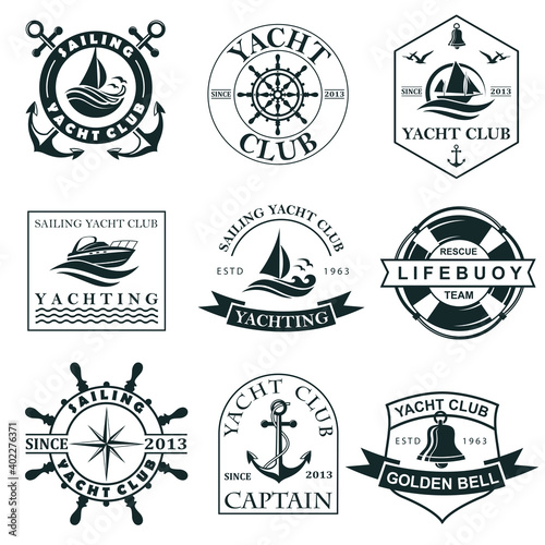 collection of yacht club labels with sea waves, anchor, helm and lifebuoy isolated on white background