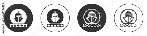 Black Cruise ship icon isolated on white background. Travel tourism nautical transport. Voyage passenger ship, cruise liner. Worldwide cruise. Circle button. Vector.
