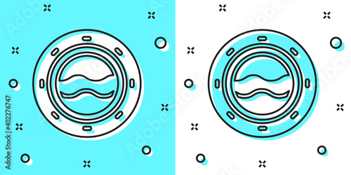 Black line Ship porthole with rivets and seascape outside icon isolated on green and white background. Random dynamic shapes. Vector.
