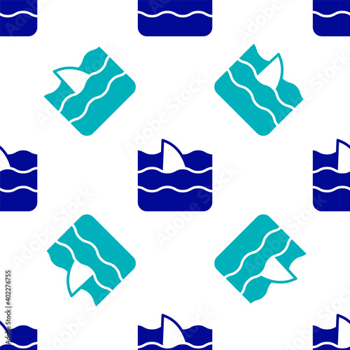 Blue Shark fin in ocean wave icon isolated seamless pattern on white background. Vector.