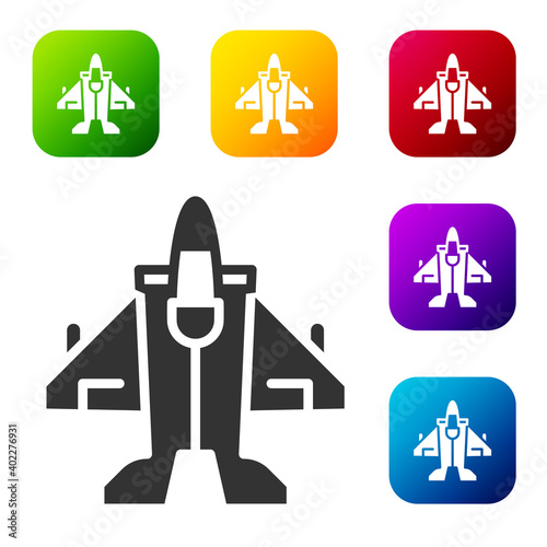 Black Jet fighter icon isolated on white background. Military aircraft. Set icons in color square buttons. Vector.