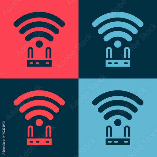 Pop art Router and wi-fi signal icon isolated on color background. Wireless ethernet modem router. Computer technology internet. Vector.