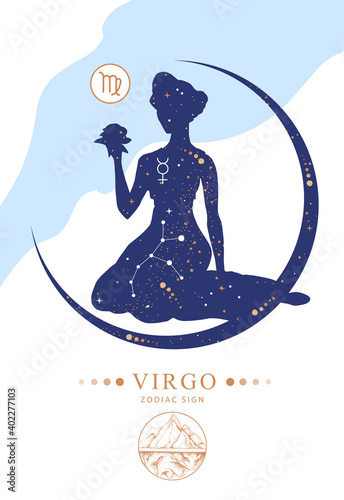 Modern magic witchcraft card with astrology Virgo zodiac sign. Zodiac characteristic
