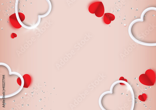 Valentine's day background decor with Elements for festive Heart white shape, Red paper heart, Pearl, Confetti, isolated on pink-brown background. Top view. Copy space.  Vector Illustration.