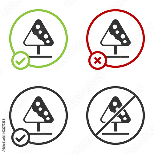 Black Road sign avalanches icon isolated on white background. Snowslide or snowslip rapid flow of snow down a sloping surface. Circle button. Vector.