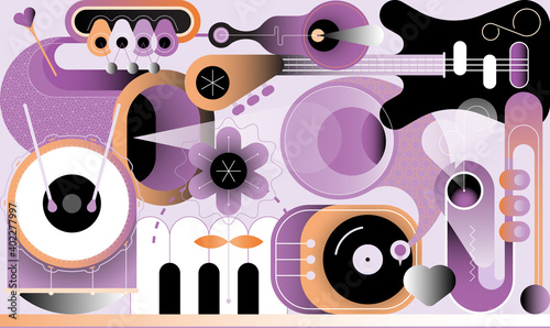 Music design. Abstract vector illustration of various musical instruments. Electric guitar, saxophone, piano keys, trumpet, drum with drumsticks, gramophone, flower and heart shape.
