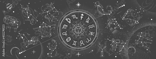 Astrology wheel with zodiac signs on constellation map background. Realistic illustration of  zodiac signs. Horoscope vector illustration