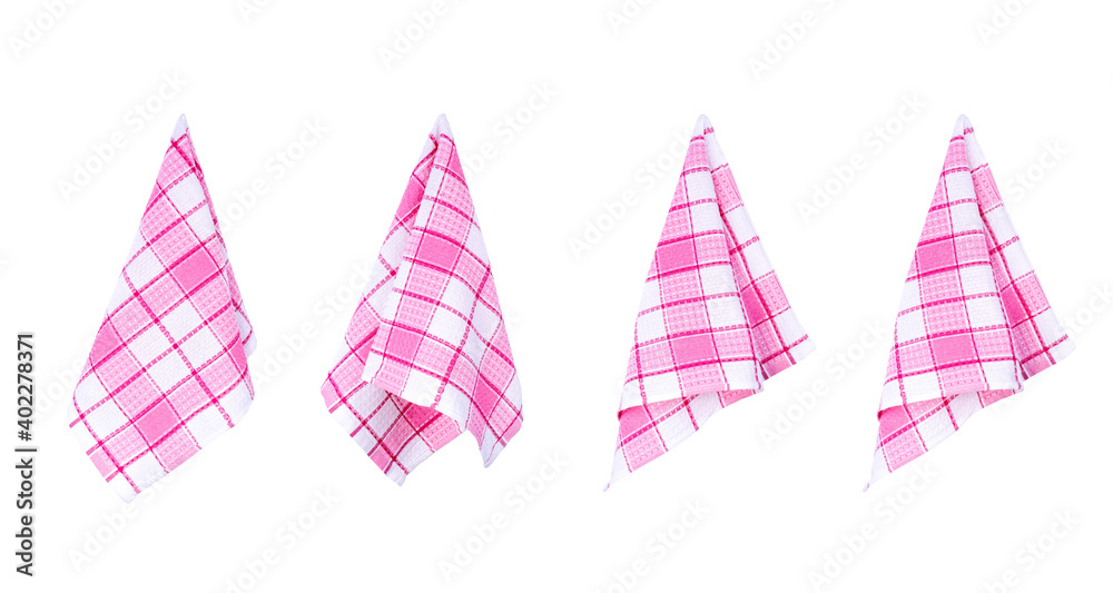 Set of four red checkered hanging kitchen towels, isolated on white background. Cooking and cleaning mock up for design Set of four red checkered hanging kitchen towels, isolated on white background. Cooking and cleaning mock up for design