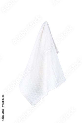 White hanging kitchen towels isolated on white background. Orange checkered hanging kitchen towels isolated on white background. Cooking and cleaning mock up for design.