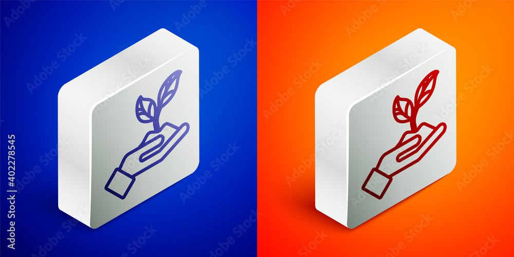 Isometric line Plant in hand of environmental protection icon isolated on blue and orange background. Seed and seedling. Planting sapling. Silver square button. Vector Illustration.