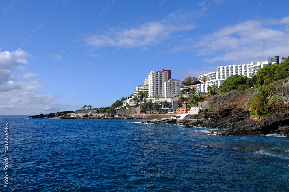Funchal coastline and hotels, Lido area, Madeira Island, Portugal