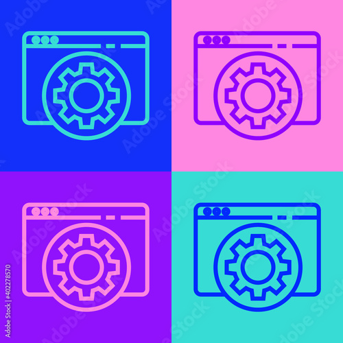 Pop art line Browser setting icon isolated on color background. Adjusting, service, maintenance, repair, fixing. Vector Illustration.
