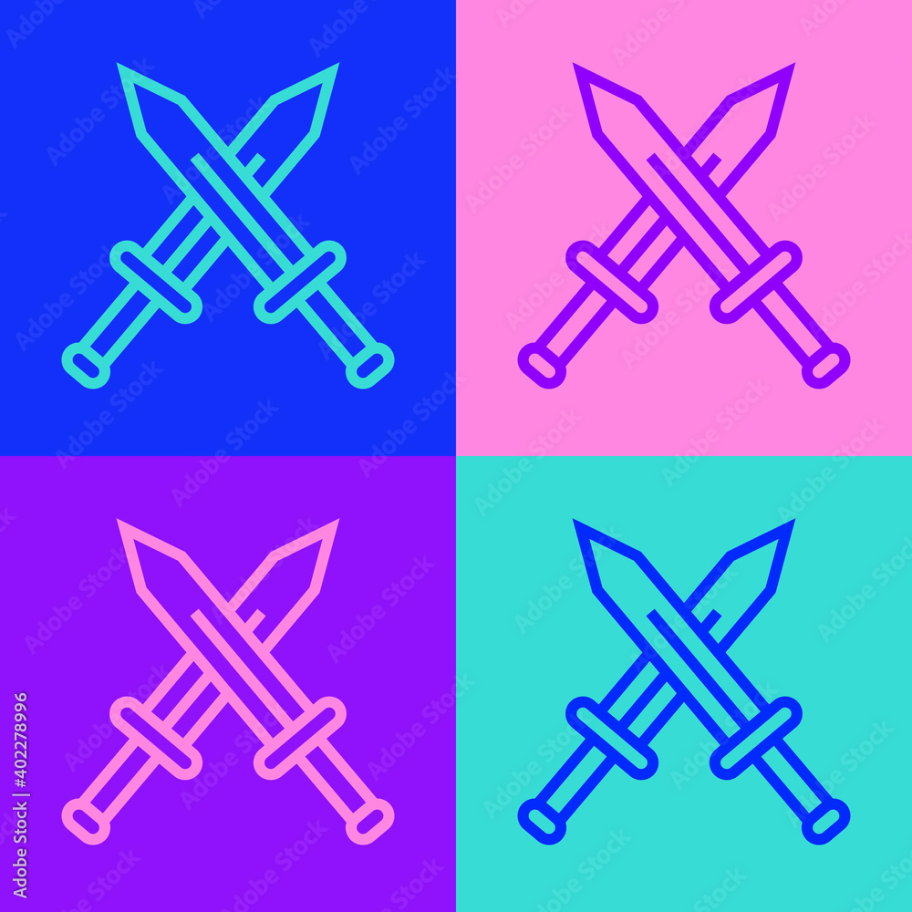 Pop art line Crossed medieval sword icon isolated on color background. Medieval weapon. Vector. Pop art line Crossed medieval sword icon isolated on color background. Medieval weapon. Vector.