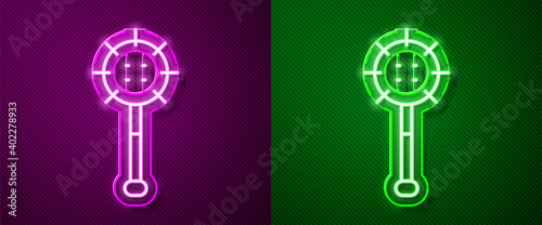 Glowing neon line Medieval chained mace ball icon isolated on purple and green background. Medieval weapon. Vector.