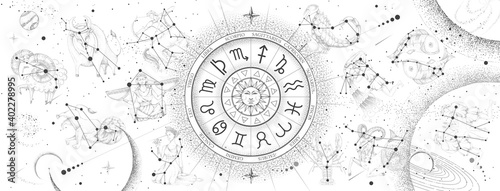 Astrology wheel with zodiac signs on constellation map background. Realistic illustration of  zodiac signs. Horoscope vector illustration