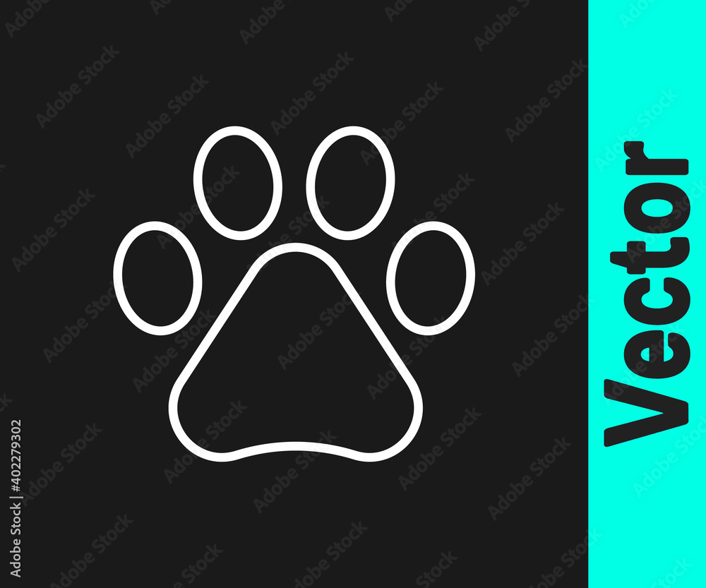 White line Paw print icon isolated on black background. Dog or cat paw print. Animal track. Vector. White line Paw print icon isolated on black background. Dog or cat paw print. Animal track. Vector.