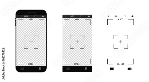 Photo camera interface in mobile. Phone with record video screen with zoom, focus grid. Selfie frame template in smartphone. vector