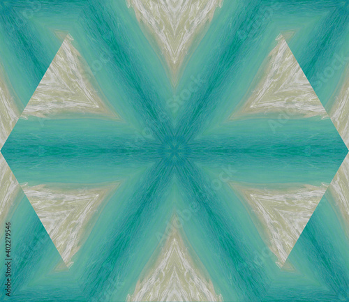 Abstract background with geometric kaleidoscopic design obtained from ocean, sand at waves on a tropical seashore on the Caribbean sea, colorful pattern inspiration or idea with defined soft texture