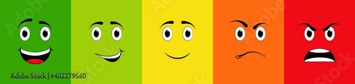 Emoticon face on level scale from happy to sad. Customer satisfaction feedback on service quality. Character smile icon from funny to angry. vector
