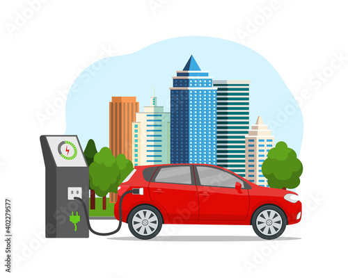 Electric car is charging at electric charger station near the city. Hybrid auto charges the battery via cable. Vehicle eco recharge. Flat vector