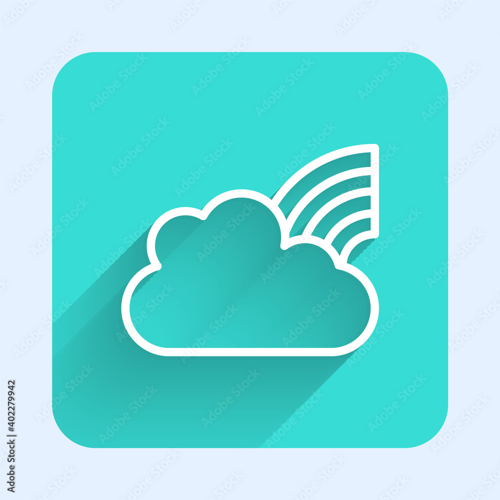 White line Rainbow with clouds icon isolated with long shadow. Green square button. Vector. White line Rainbow with clouds icon isolated with long shadow. Green square button. Vector.