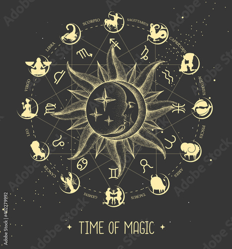 Modern magic witchcraft Astrology wheel with zodiac signs on space background. Horoscope vector illustration