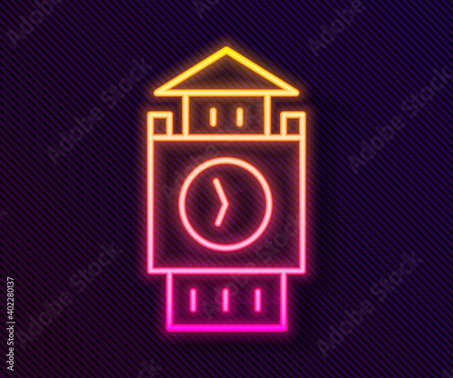 Glowing neon line Big Ben tower icon isolated on black background. Symbol of London and United Kingdom. Vector.