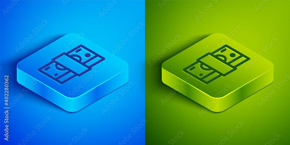 Isometric line Stacks paper money cash icon isolated on blue and green background. Money banknotes stacks. Bill currency. Square button. Vector. Isometric line Stacks paper money cash icon isolated on blue and green background. Money banknotes stacks. Bill currency. Square button. Vector.