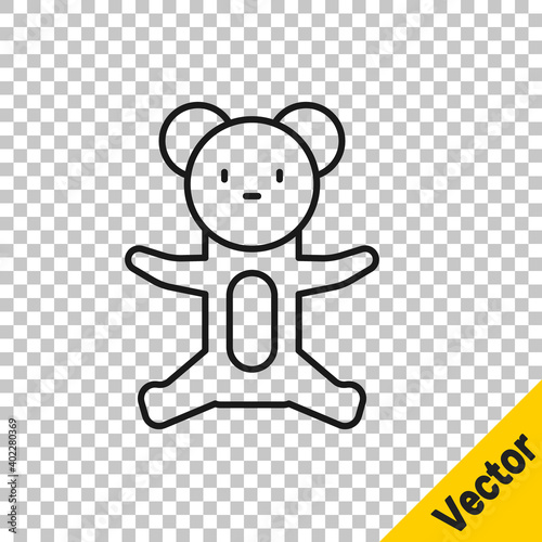 Black line Teddy bear plush toy icon isolated on transparent background. Vector.