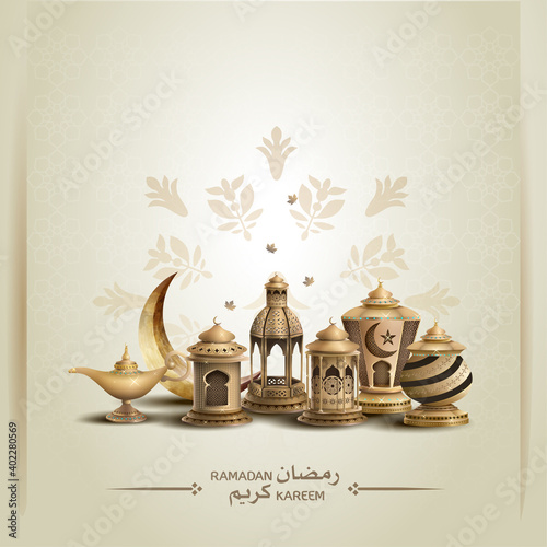 islamic greeetings ramadan kareem card design with beautiful lanterns and crescent moon