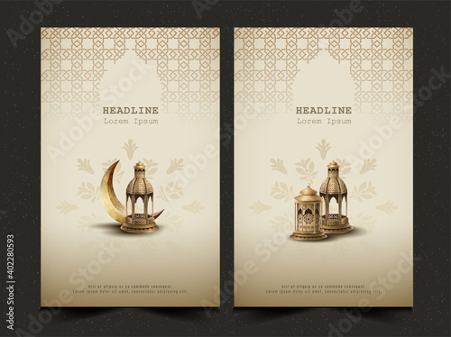 set of islamic greeetings ramadan kareem card banner design with gold lanterns and crescent